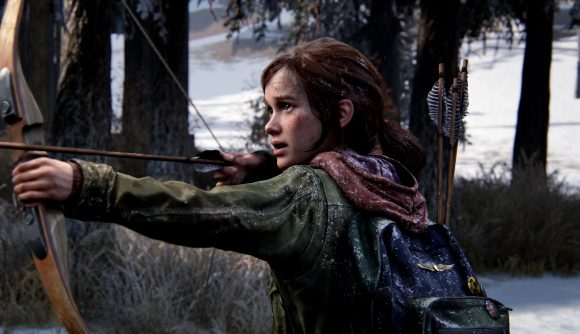The Last of Us audio description Descriptive Video Works: Ellie is in a snowy forest aiming her bow at someone off-screen in The Last of Us Part 1