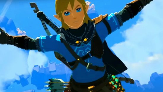 The Legend of Zelda Tears of the Kingdom gameplay fuse monster eyes homing arrows: an image of Link skydiving in the Nintendo Switch trailer