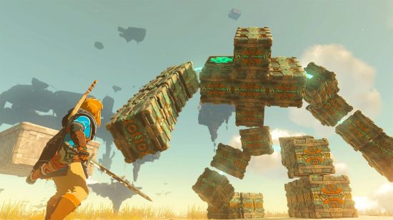 The Legend of Zelda Tears Of The Kingdom Multiplayer: Link can be seen fighting a large robot