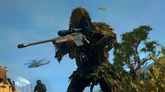 Warzone 2 best loadout of the week Victus XMR one shot kill sniper: an image of a ghillie suit soldier from the FPS game Call of Duty