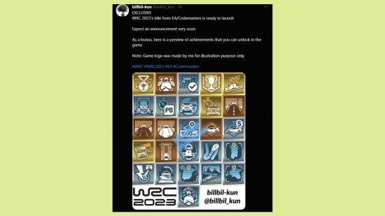 WRC 2023 leaks achievements: an image of the leak regarding the new rally game's trophies
