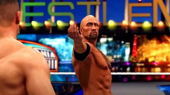 WWE 2K23 commentary AFK dialogue: an image of the Rock in the wrestling game