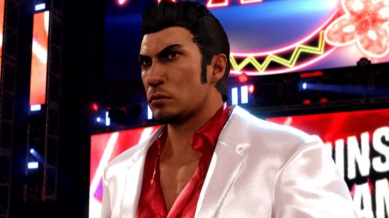 WWE 2K23 community creation CAW Yakuza series: an image of Kazuma Kiryu in the wrestling game