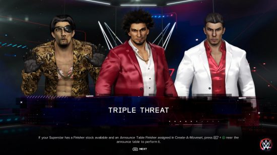 WWE 2K23 Community creation CAW Yakuza series: an image of the three characters in question