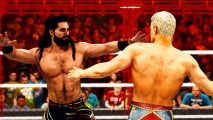 WWE 2K23 release time: an image of Seth Rollins and Cody Rhodes in a Cell from the wrestling game