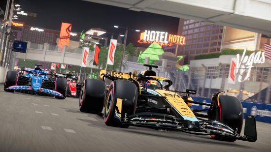 Best racing games: F1 23 cars racing through a track at night.
