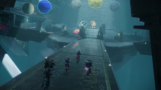 Destiny 2 Cosmic Equilibrium Challenge: A team of Guardians running into the Macrocosm challenge room to move the planets and fight Zo'Aurc.