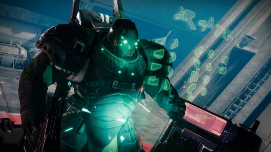 Destiny 2 Grandmaster Nightfall rotation Season 20: A Cabal interacting with a green interface during The Arms Dealer Strike.