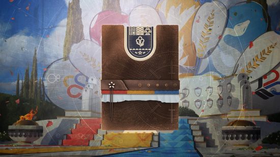 Destiny 2 Guardian Games 2023 Event Card: The Event Card book on a blurred background of the decorated Tower.