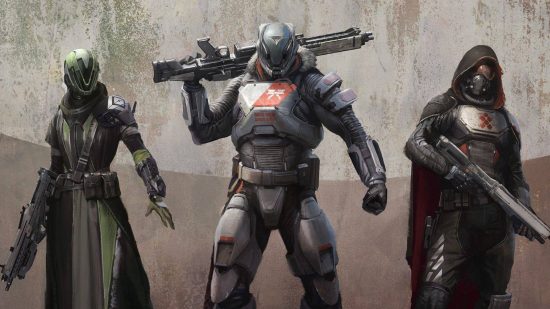 Destiny 2 new weapon types ideas: Concept art depicting (from left to right) a Warlock, Titan, and Hunter standing, weapons ready.
