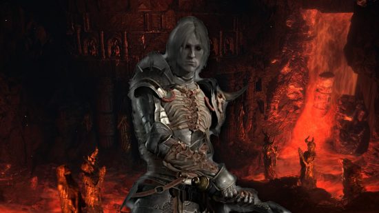 Diablo 4 Paragon Board: A male Necromancer holding a scythe by their side, above a blurred background of a lava environment.