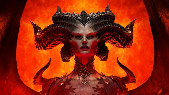 Diablo 4 Paragon Board: Lilith looking menacingly at the camera, bathed in a fiery red glow.