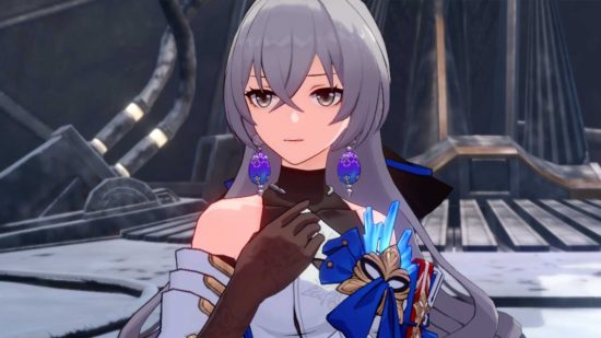 Honkai Star Rail characters: Bronya staring off to the side, with a hand raised near her chin.