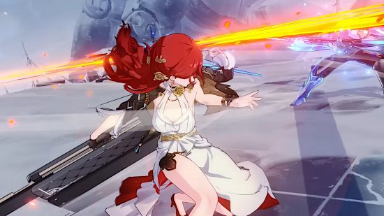 Honkai Star Rail Himeko: Himeko in the middle of her attack animation, her weapon swinging behind her as a wave of fire streaks out behind its path.