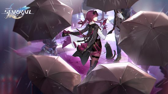 Honkai Star Rail Kafka: A top-down angled shot of Kafka holding a black umbrella, with several other umbrellas around her. There is a figure obscured ahead of her.