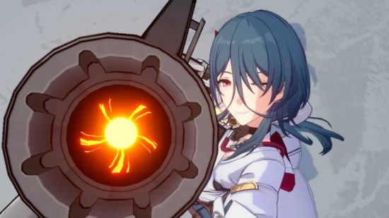 Honkai Star Rail characters: Natasha aiming a large cannon at the camera.