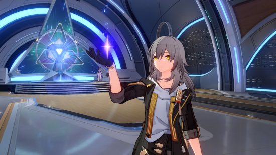 Honkai Star Rail Paths: The female Trailblazer character holding a purple glowing object up in their hand.