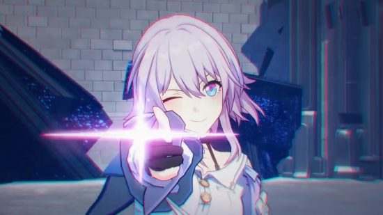 Honkai Star Rail PvP: March 7th pointing directly at the camera, winking. A pink glow is coming from her hand.