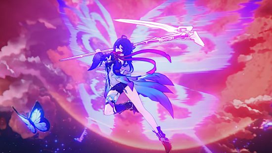 Honkai Star Rail Seele: Seele jumping into the air with large butterfly wings flowing behind her, scythe at the ready.