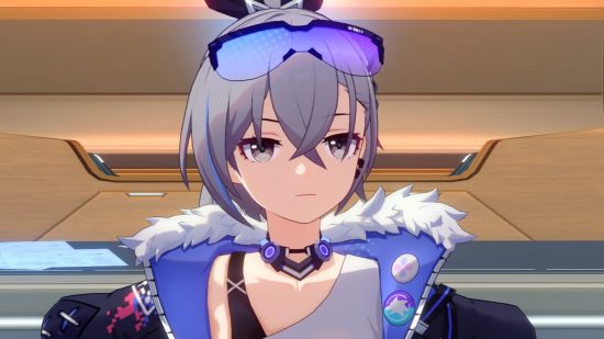 Honkai Star Rail Silver Wolf: A close up of Silver Wolf standing with her arms crossed and a rather blank facial expression.