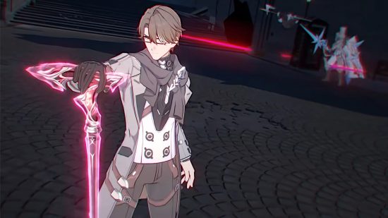 Honkai Star Rail Welt: Welt standing with his cane during an ability animation. The background is darkened and his cane is glowing red.