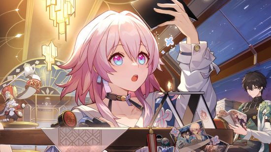 Honkai Star Rail free to play: March 7th inspecting her rail pass.