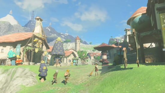 The Legend of Zelda Tears of the Kingdom maps: Hateno Village featuring NPC walking through the town on a sunny day.