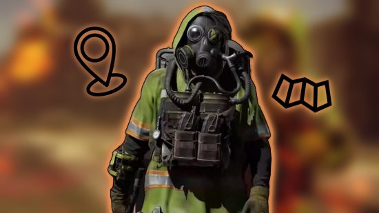 XDefiant maps: A Cleaner character standing wearing armor and a gas mask. A map and map pin icon are next to their shoulders.