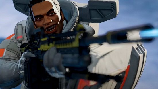 Apex Legends update inventory remove transfer swap: an image of Gibraltar shooting an AR in the battle royale FPS