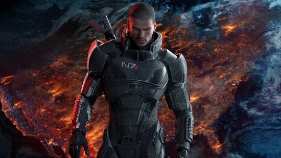 Best games: Commander Shepard stands in front of a glowing space mass in Mass Effect