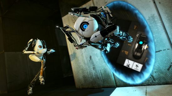 Best games: Two robots hop out of a portal in Portal 2