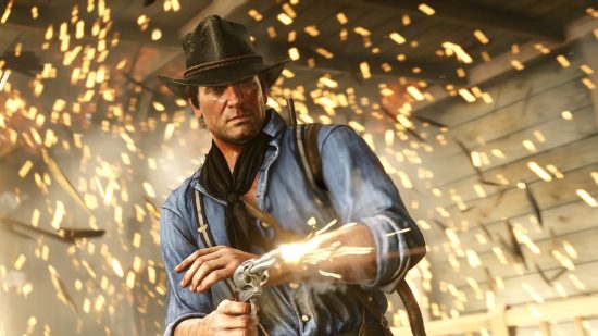 Best games: Arthur Morgan fires his pistol in a shoot out in Red Dead Redemption 2