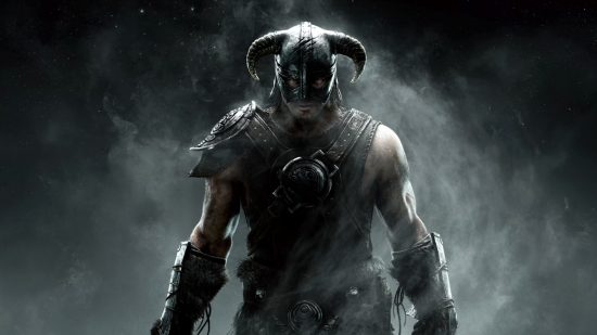 Best games: A warrior wearing a helmet and wielding dual swords prepares for battle in Skyrim