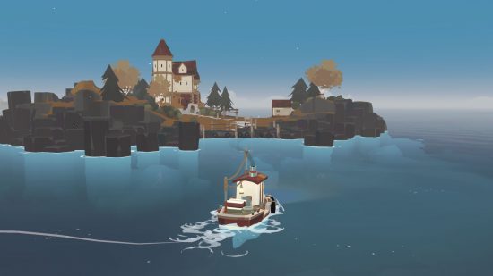 Best Switch games: A fishing boat sails towards an island in Dredge