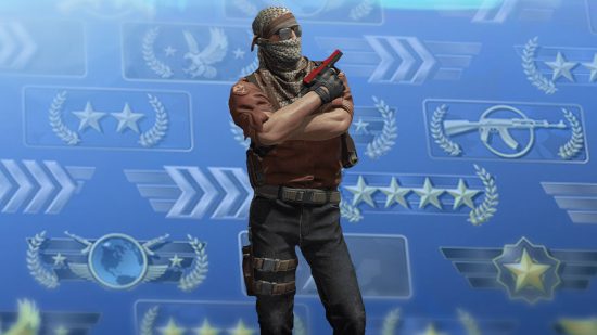 CS:GO ranks: A T-sided operator holding a red Glock stands in front of a blue screen displaying various CS:GO ranks