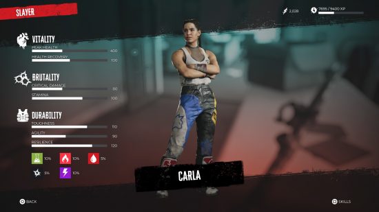 Dead Island 2 review: The stat screen of Carla, one of Dead Island 2's playable characters. 