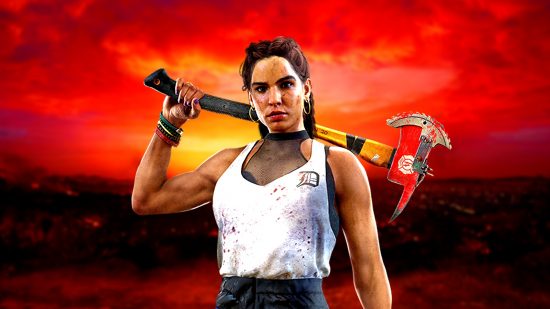 Dead Island 2 sales one million three days: an image of a woman with an axe from the zombie FPS
