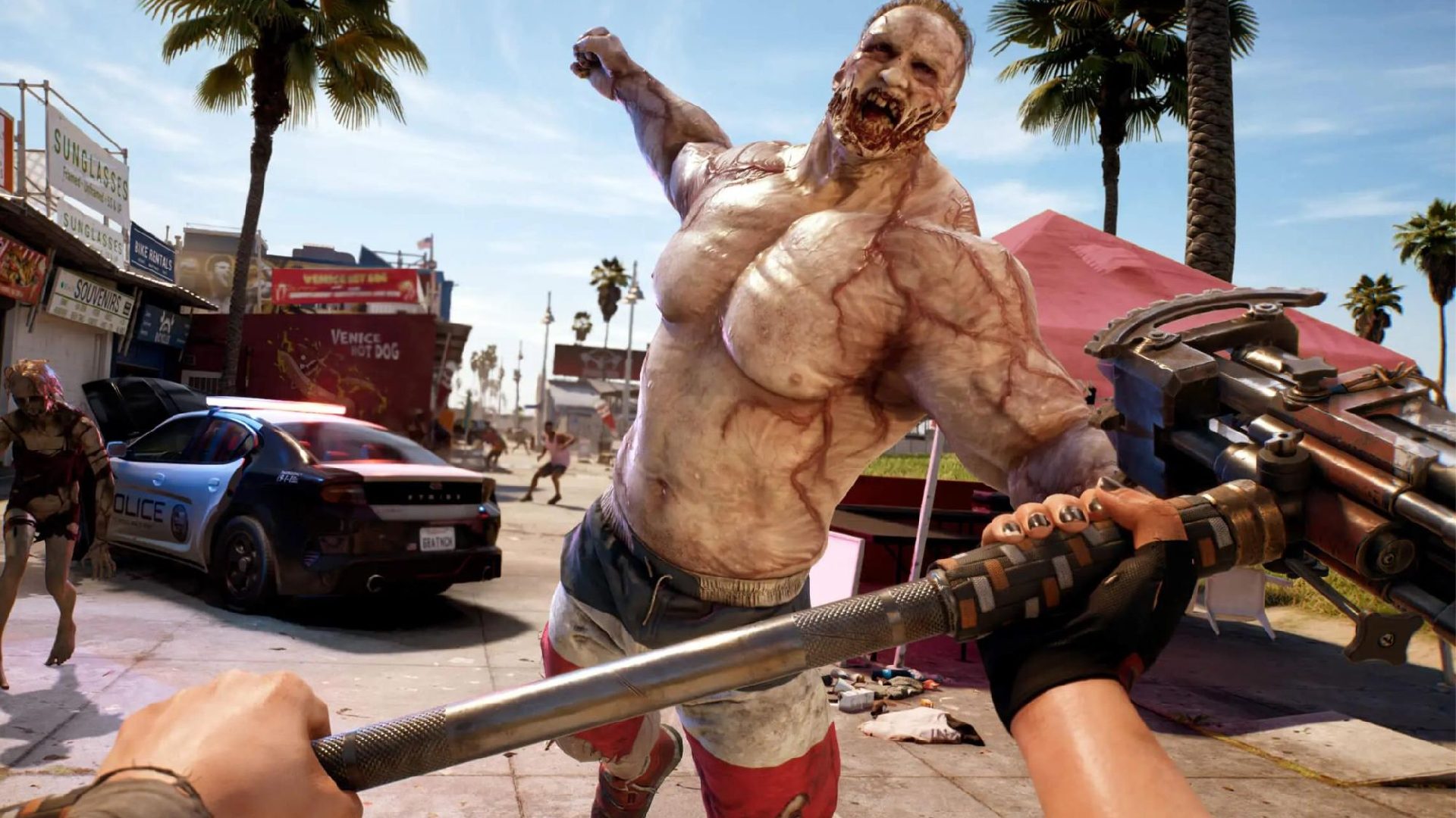 Dead Island 2 weapons: A zombie canbe seen as the player attacks with a hammer