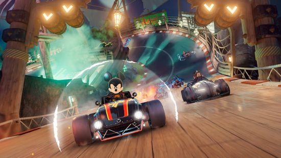 Disney Speedstorm game modes: Mickey Mouse using items in Disney Speedstorm race