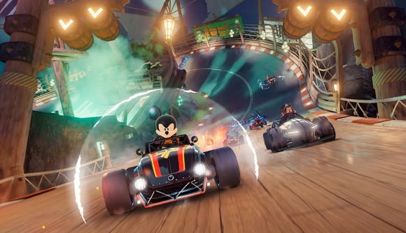 Disney Speedstorm game modes: Mickey Mouse using items in Disney Speedstorm race