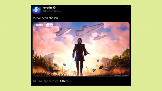 Fortnite Anakin Skywalker skin Star Wars experience tweet: an image of the teaser from the battle royale game