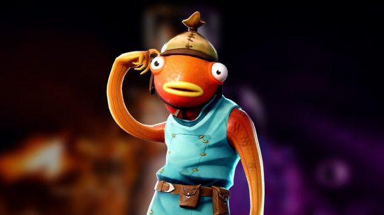 Fortnite Doctor Who free cosmetics event: an image of Fishsticks from the battle royale over a blurred image of a sci-fi game