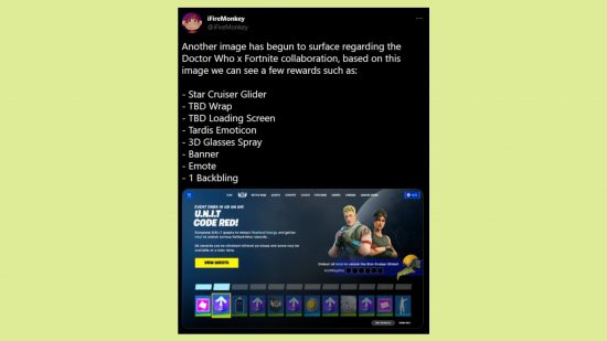 Fortnite Doctor Who free cosmetics event rewards: an image of the tweet discussed above regarding the free battle royale