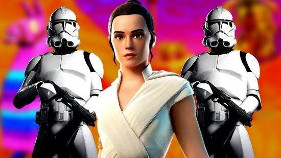 Fortnite Star Wars skins leaks Clone Troopers theory: an image of Rey from the battle royale and two Clones from Battlefront 2 FPS