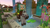 How to switch teams in Minecraft Legends: Hero near a village fountain in Minecraft Legends