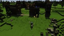 Minecraft Legends map: Hero in Minecraft Legends building base and looking at the screen