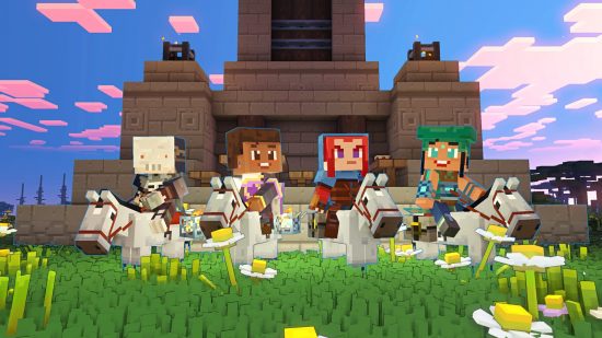 Minecraft Legends review: four Minecraft characters on horses in front of a large brick structure