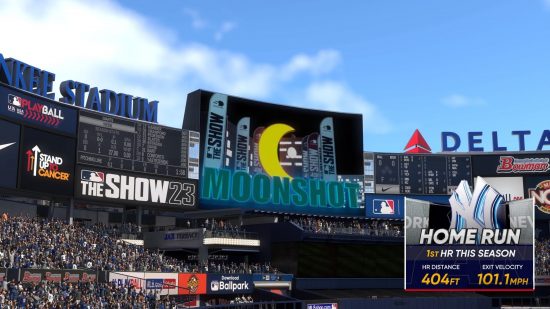 MLB The Show 23 review: A screenshot of a baseball stadium with a broadcast graphic overlayed