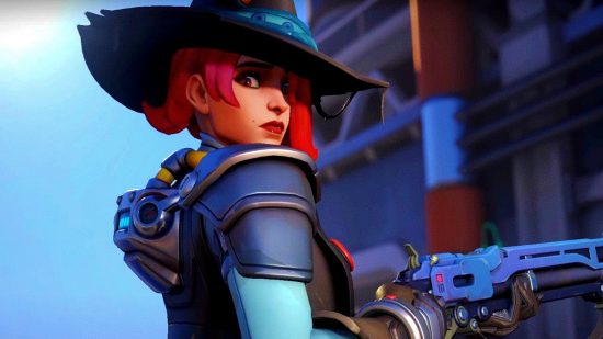 Overwatch 2 Season 4 Ashe skin intergalactic Smuggler gross: an image of the character from the free to play FPS looking over her shoulder