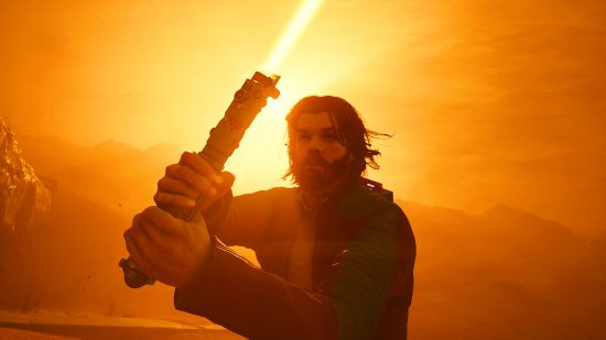 Cal Kestis with a Gold Lightsaber on planet Jedha in Star Wars Jedi Survivor